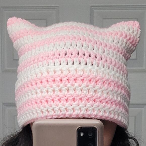 Handmade Crochet Y2k Streetwear Striped Cat Ear Beanie - Picture 1 of 1